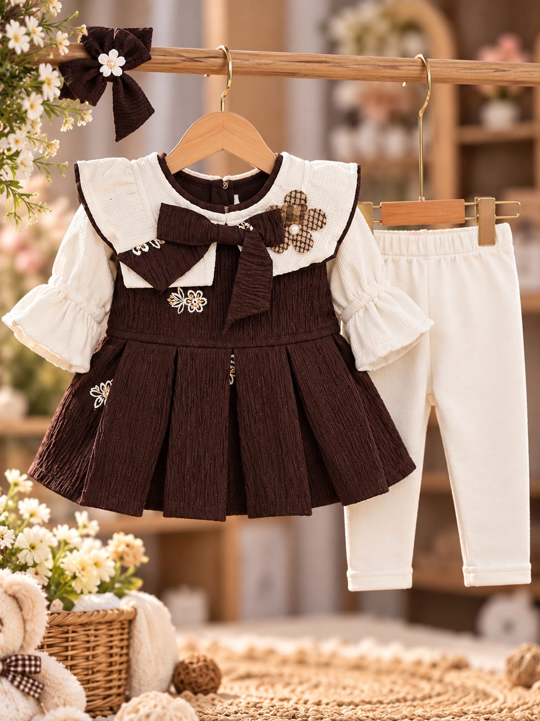 Baby Girls 2-Piece Partywear Set | Bow Detail Dress & Full Pants | Stylish Festive Outfit | Sizes 0–9 Months