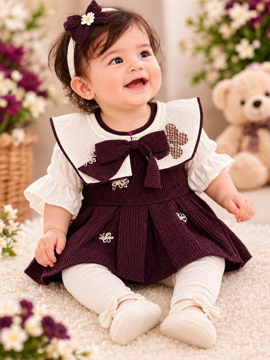 Baby Girls 2-Piece Partywear Set | Floral Bow Dress & Full Pants | Elegant Festive Outfit | Sizes 0–9 Months
