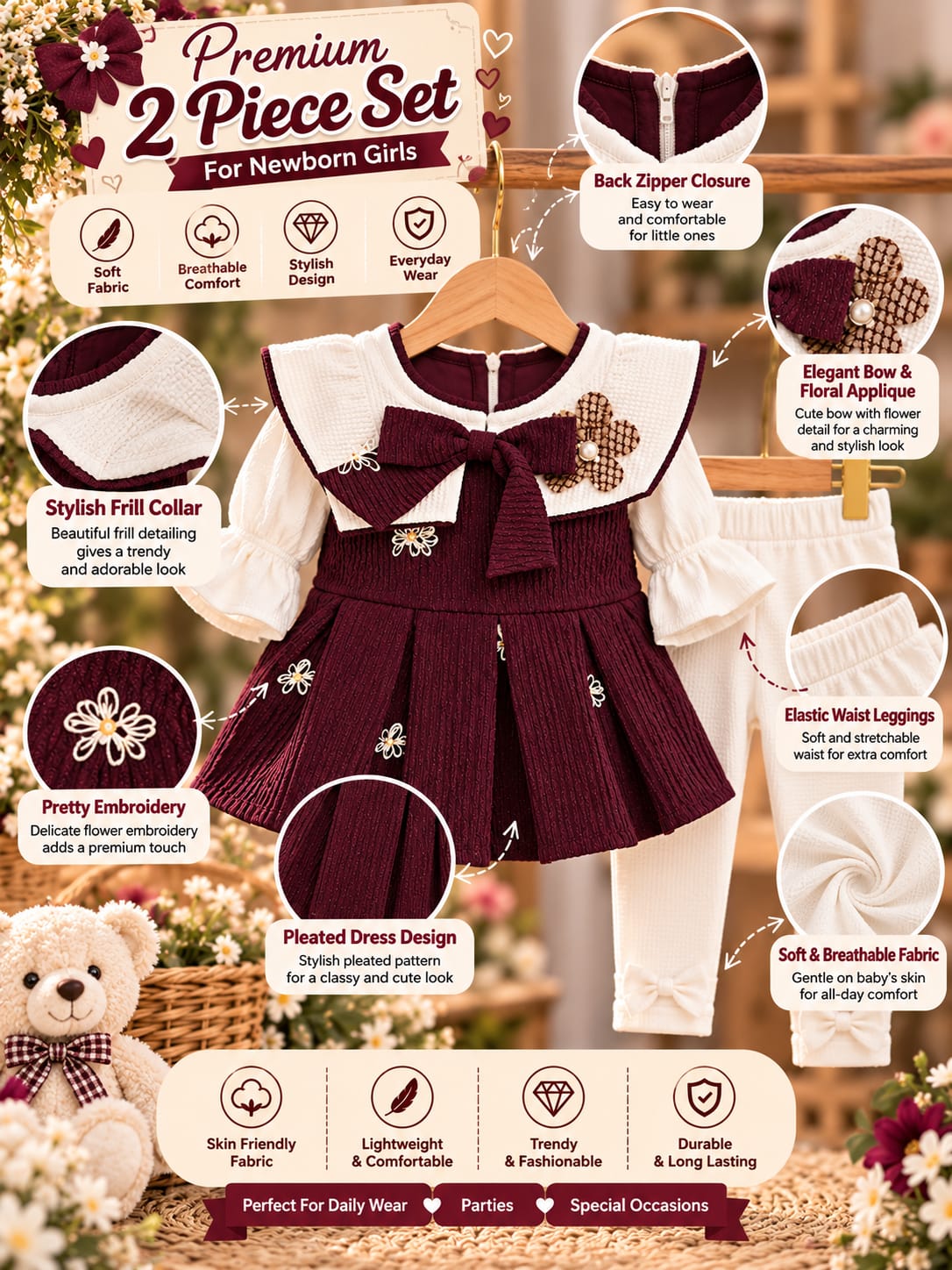 Baby Girls 2-Piece Partywear Set | Floral Bow Dress & Full Pants | Elegant Festive Outfit | Sizes 0–9 Months