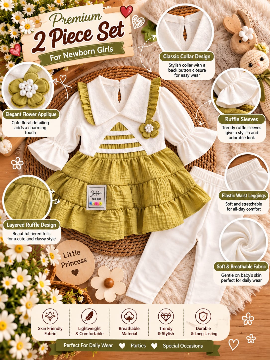 Baby Girls 2-Piece Floral Dress Set | Ruffle Layered Dress & Full Pants | Cute Partywear Outfit | Sizes 0–9 Months