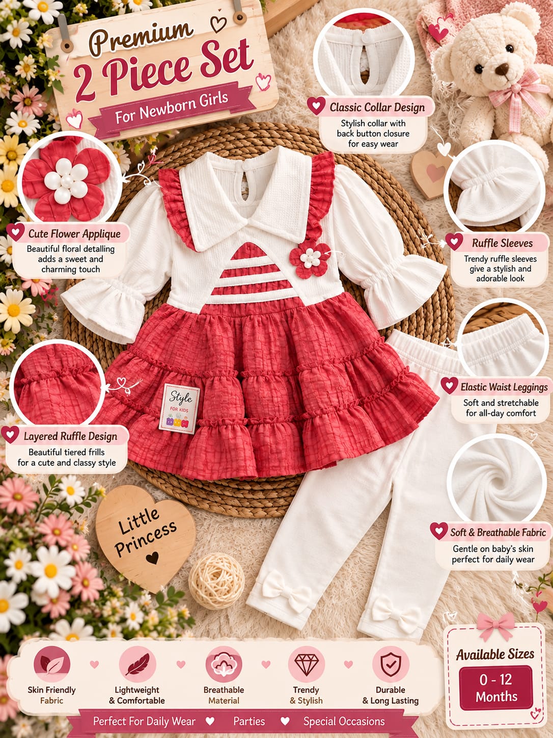 Baby Girls 2-Piece Floral Set | Ruffle Frock Top & Full Pants | Cute Partywear Outfit | Sizes 0–9 Months