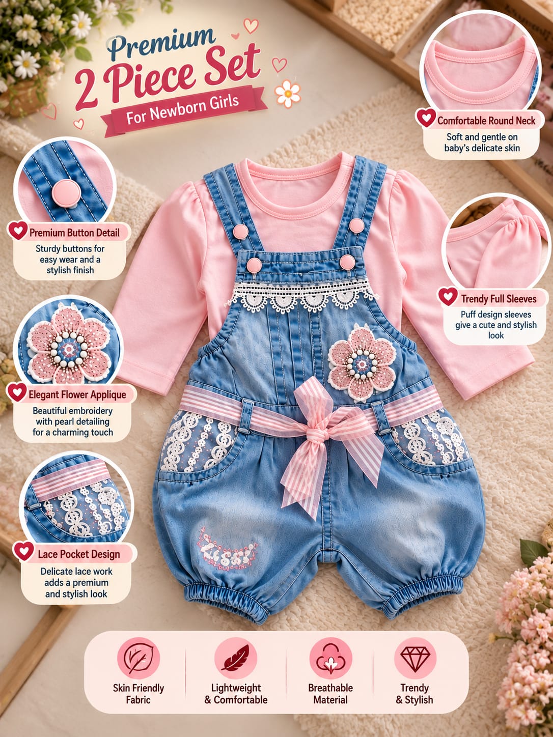 Baby Girls 2-Piece Denim Dungaree Set | Pink Top & Floral Denim Romper | Cute Casual Outfit | Sizes 0–9 Months