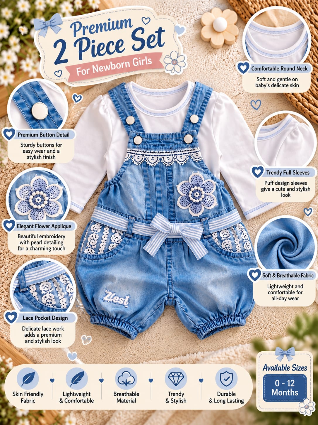 Baby Girls 2-Piece Denim Dungaree Set | White Top & Floral Denim Romper | Cute Casual Outfit | Sizes 0–9 Months