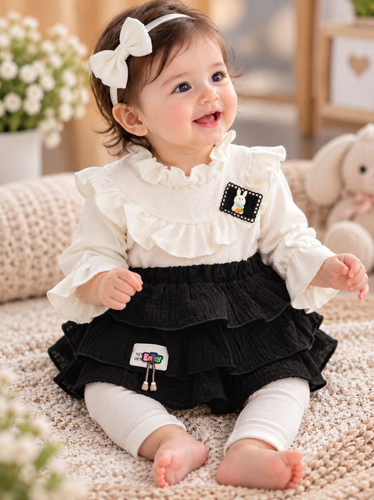 Baby Girls 2-Piece Black & White Layered Skirt Set | Ruffle Top, Skirt & Full Pants | Sizes 0–9 Months