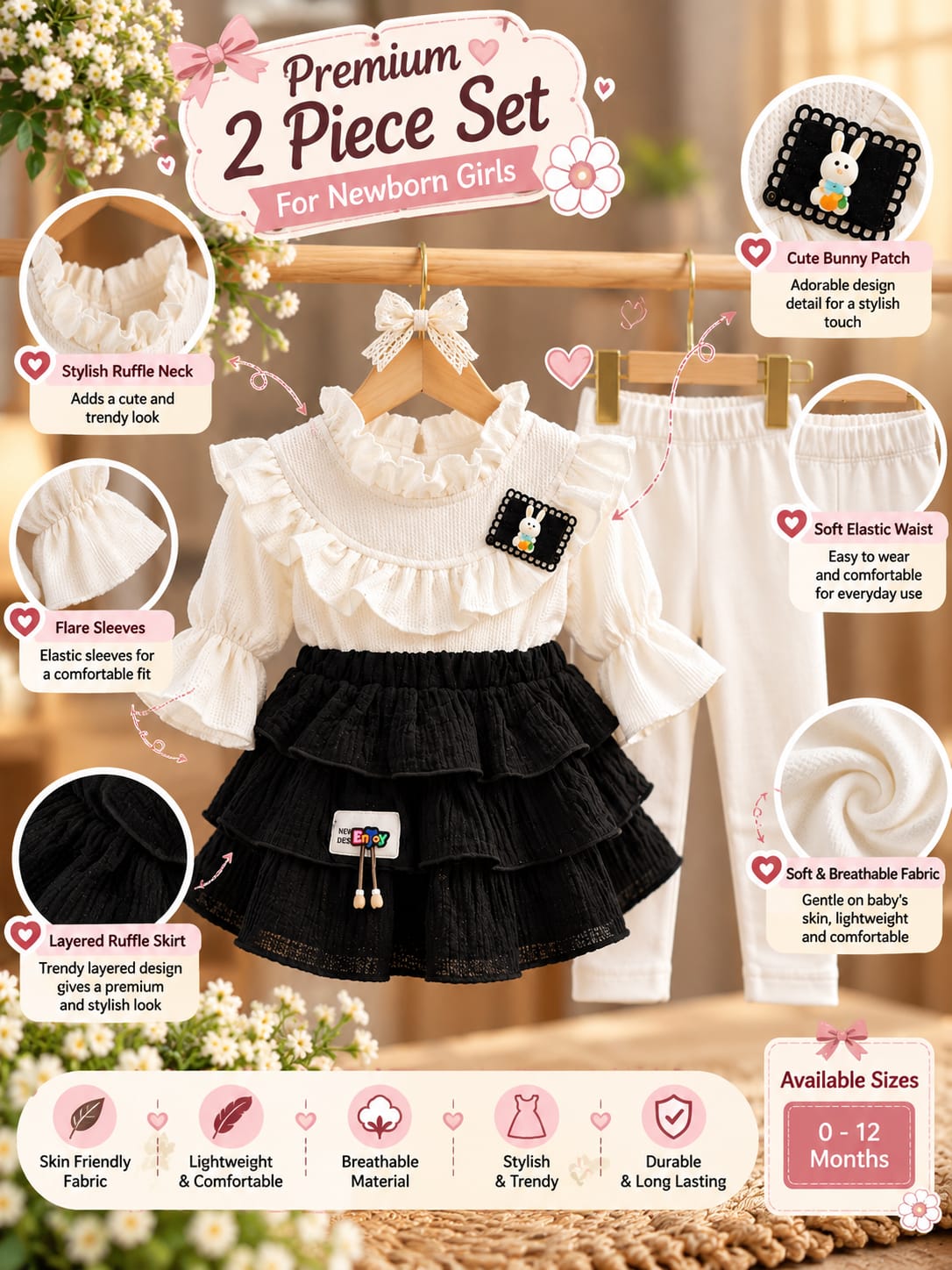Baby Girls 2-Piece Black & White Layered Skirt Set | Ruffle Top, Skirt & Full Pants | Sizes 0–9 Months
