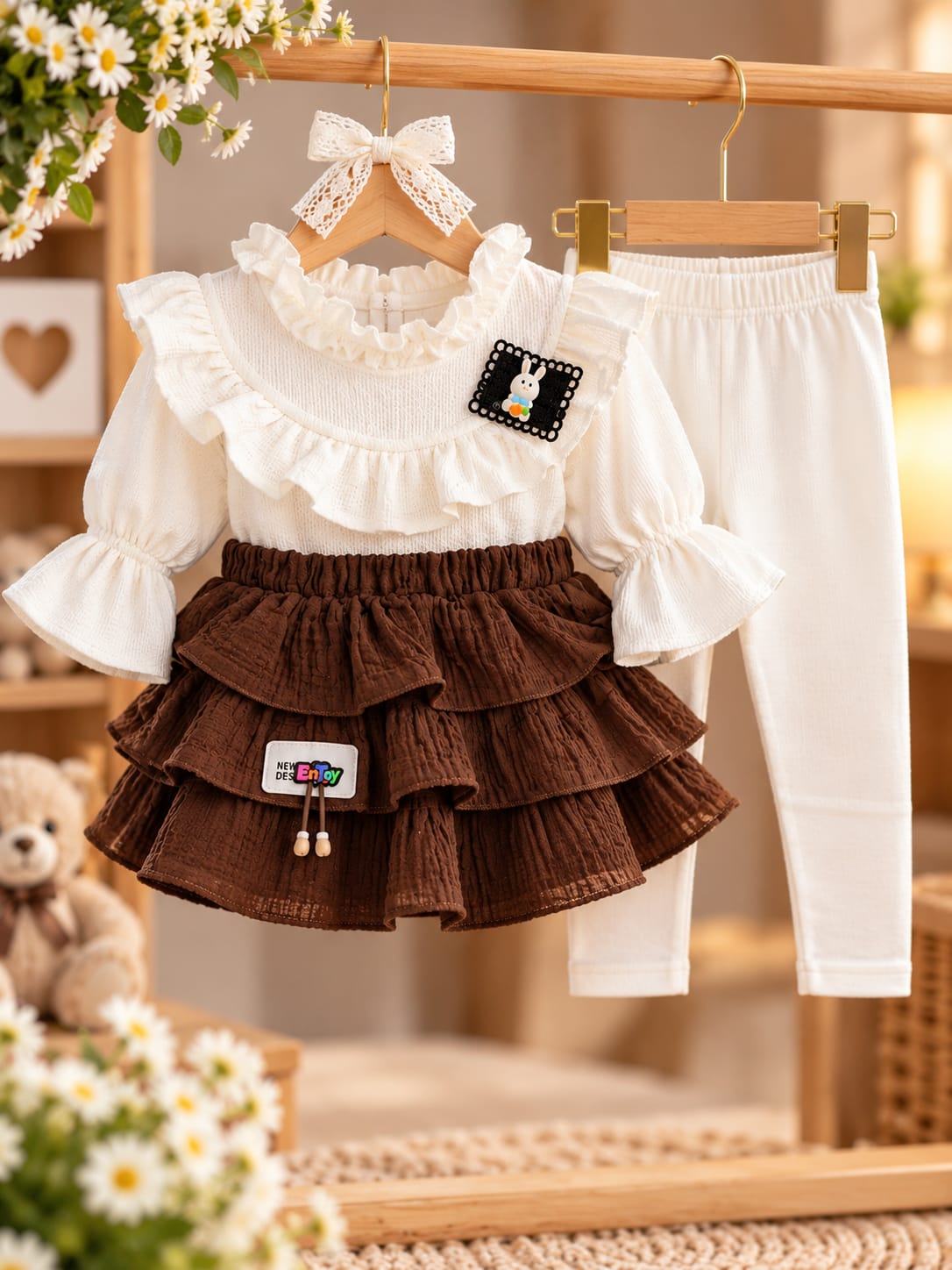 Baby Girls Brown Layered Dress Set with White Full Pants | 0–9 Months