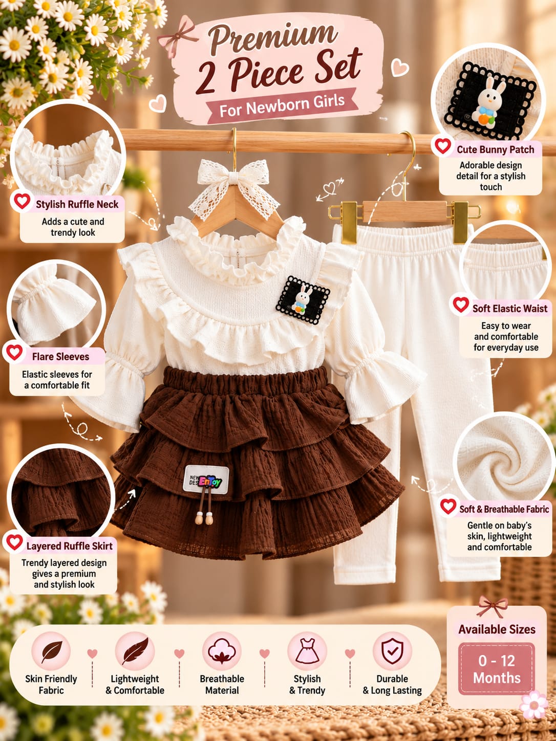 Baby Girls Brown Layered Dress Set with White Full Pants | 0–9 Months