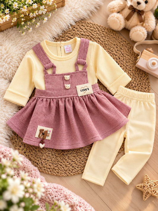 Baby Girls Pink Pinafore Dress Set with Full Pants | 0–9 Months