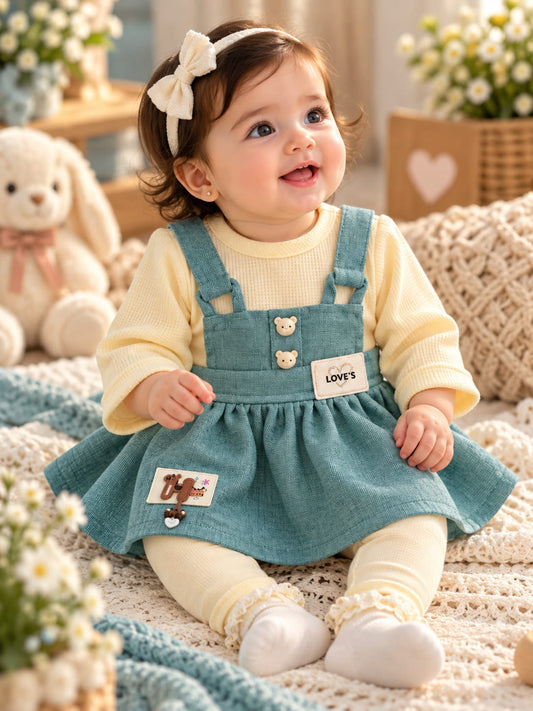 Baby Girls Teal Pinafore Dress Set with Top & Full Pants | 0–9 Months