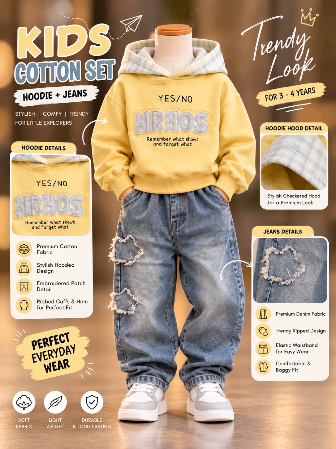 Boys Yellow Hooded Cord Set with Baggy Jeans | Sizes 18–26
