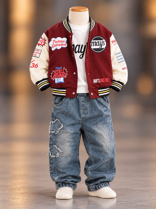 Boys Maroon Varsity Jacket Cord Set with Graphic T-Shirt & Baggy Jeans | Sizes 18–26