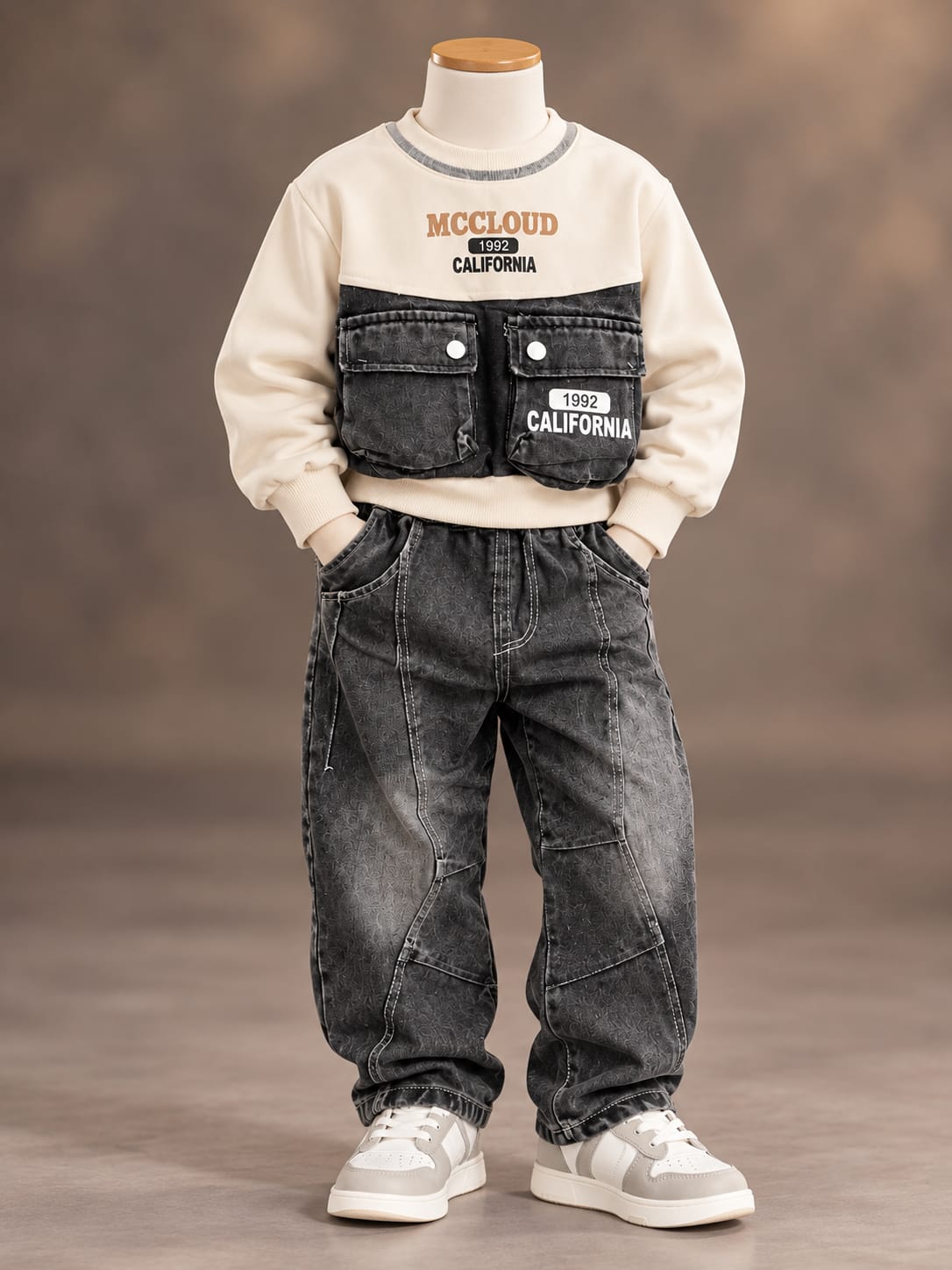 Boys Cream Denim Panel Sweatshirt & Black Baggy Jeans Set | Sizes 18–26