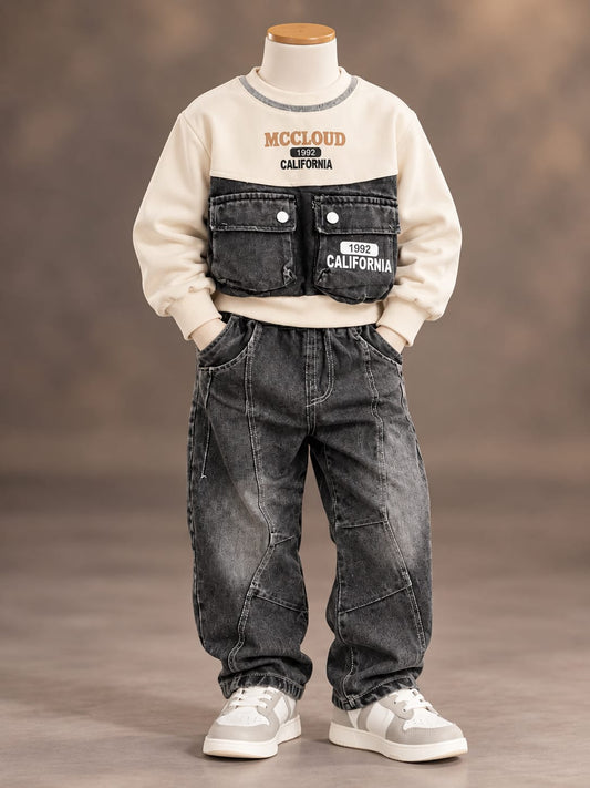Boys Cream Denim Panel Sweatshirt & Black Baggy Jeans Set | Sizes 18–26