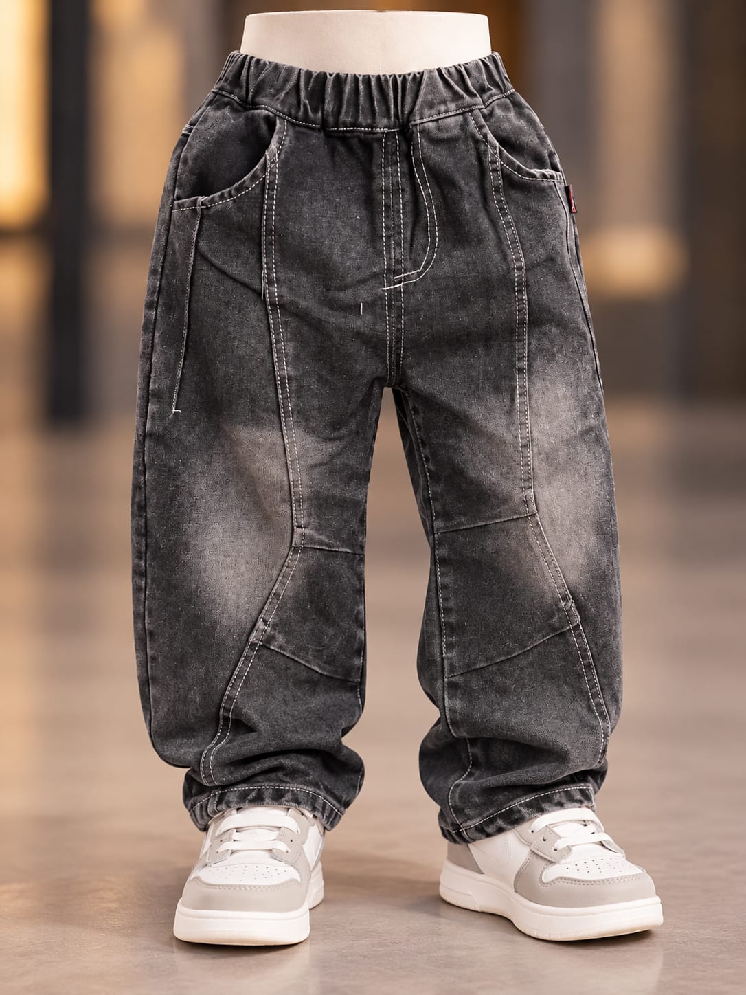 Boys Cream Denim Panel Sweatshirt & Black Baggy Jeans Set | Sizes 18–26