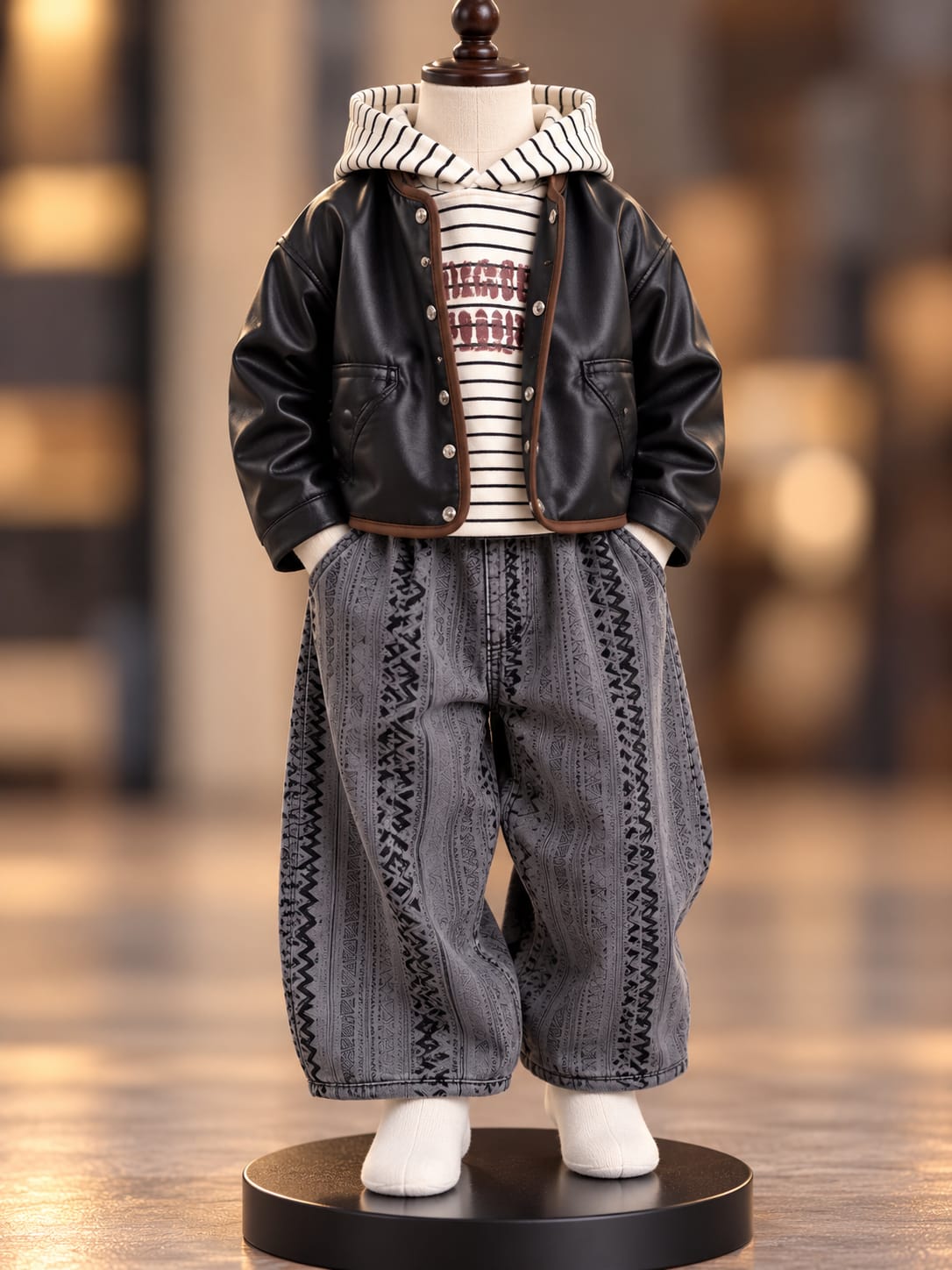 Boys Black Leather-Look Jacket Cord Set with Striped Hoodie & Printed Pants | Sizes 18–26