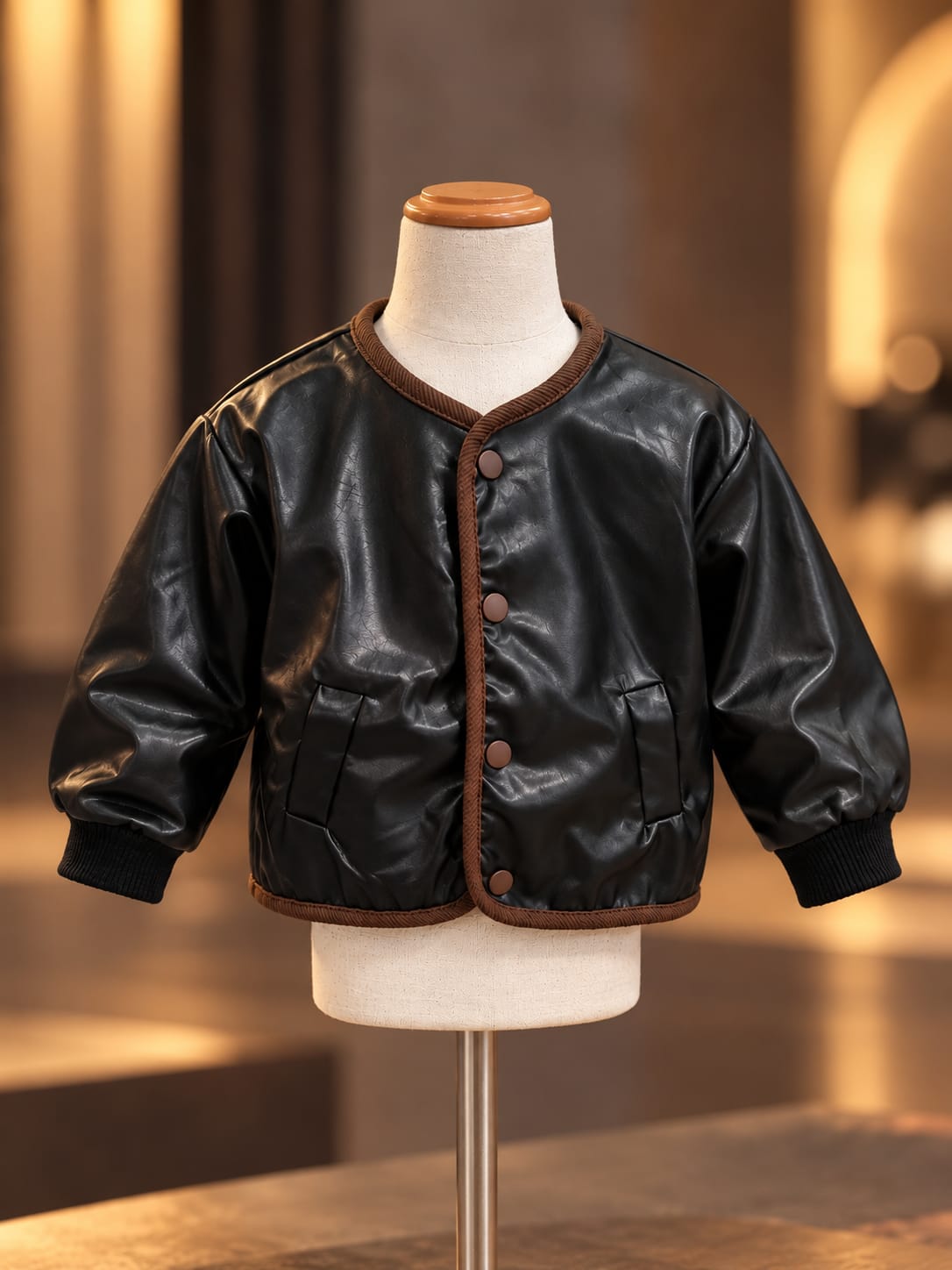 Boys Black Leather-Look Jacket Cord Set with Striped Hoodie & Printed Pants | Sizes 18–26