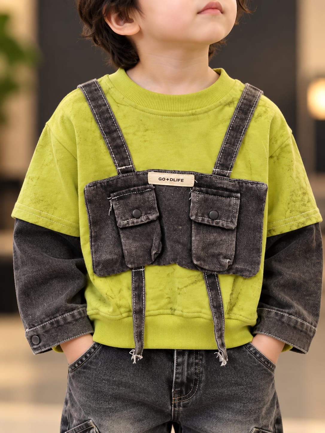 Boys Lime Green Denim-Style Utility Pocket Sweatshirt | Sizes 18–26