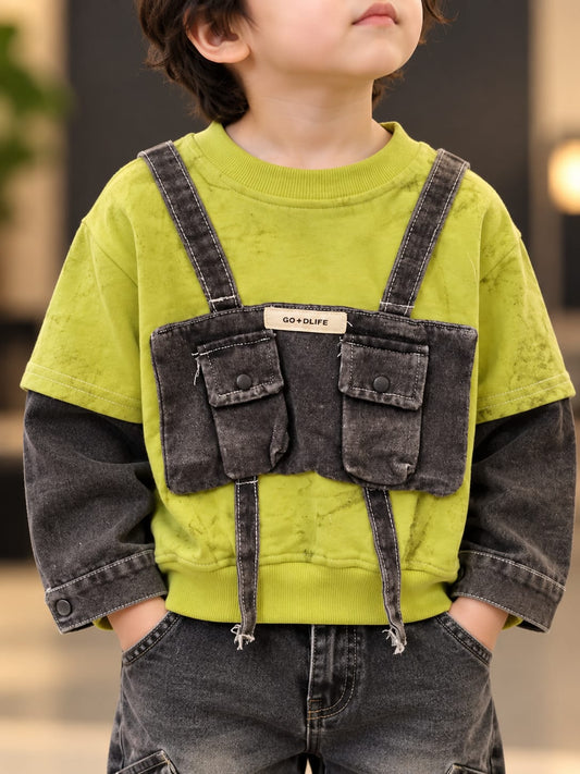 Boys Lime Green Denim-Style Utility Pocket Sweatshirt | Sizes 18–26