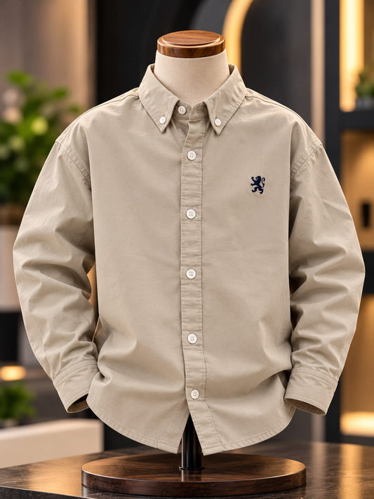 Boys Beige Casual Button-Down Shirt with Embroidered Detail | 6–10 Years