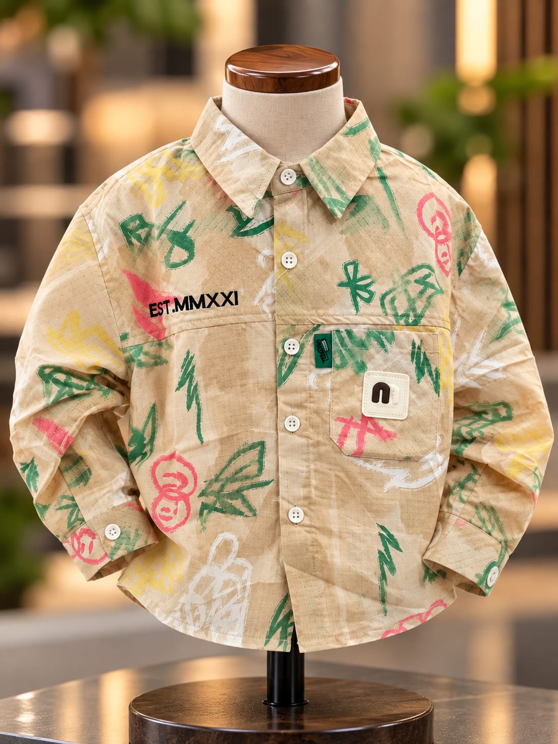 Baby Boys Beige Printed Full Sleeve Shirt with Front Pocket | 6 Months–5 Years