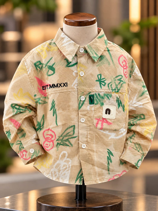 Baby Boys Beige Printed Full Sleeve Shirt with Front Pocket | 6 Months–5 Years