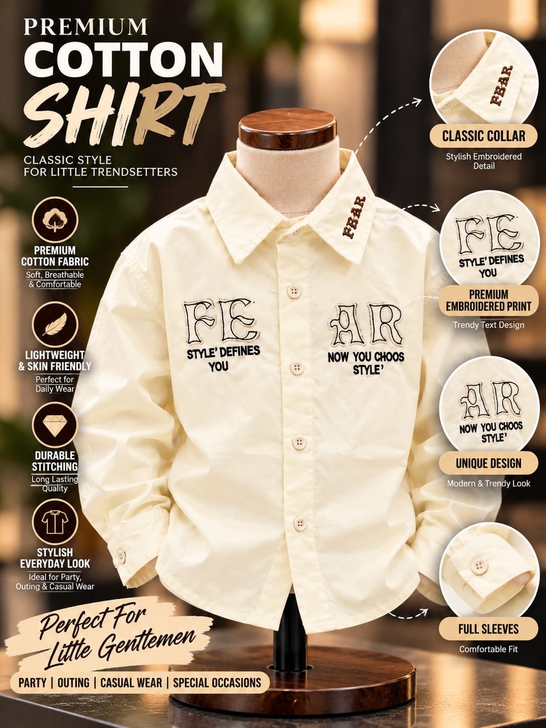 Baby Boys Cream Full Sleeve Printed Shirt with Collar Detail | 6 Months–5 Years