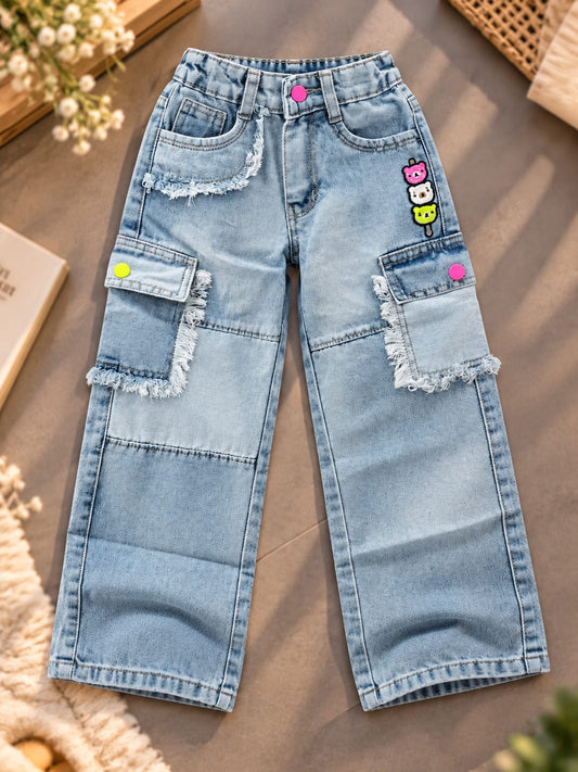 Girls Light Blue Super Baggy Cargo Jeans with Frayed Pockets | Sizes 16–24