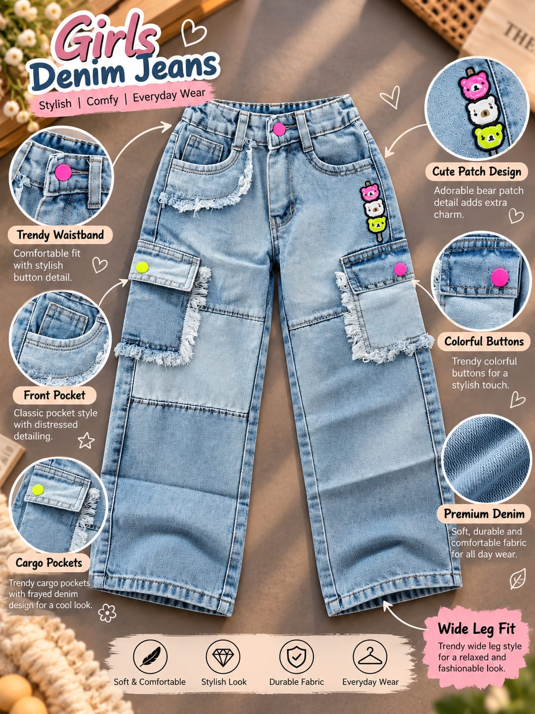 Girls Light Blue Super Baggy Cargo Jeans with Frayed Pockets | Sizes 16–24