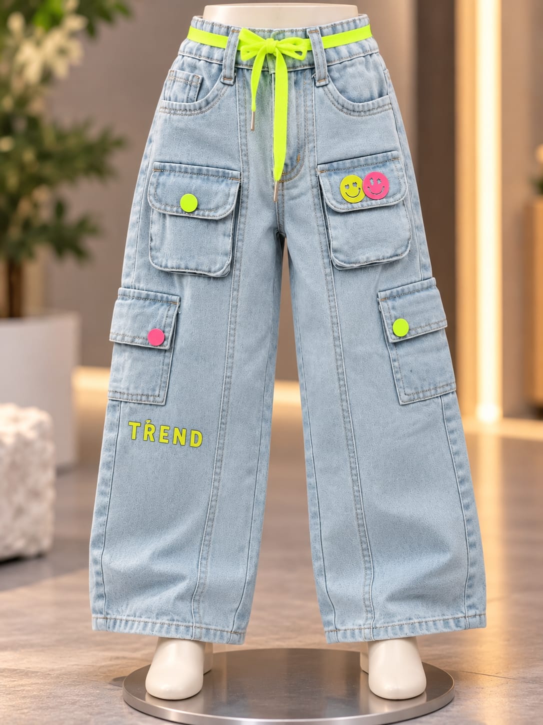 Girls Light Blue Super Baggy Cargo Jeans with Neon Drawstring | Sizes 16–24