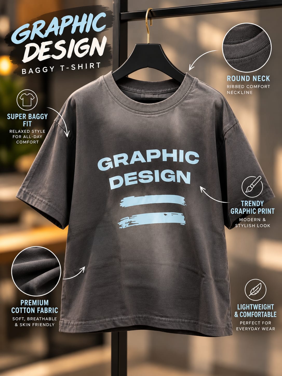 Boys Charcoal Grey Oversized Graphic T-Shirt | Casual Streetwear | 5–10 Years