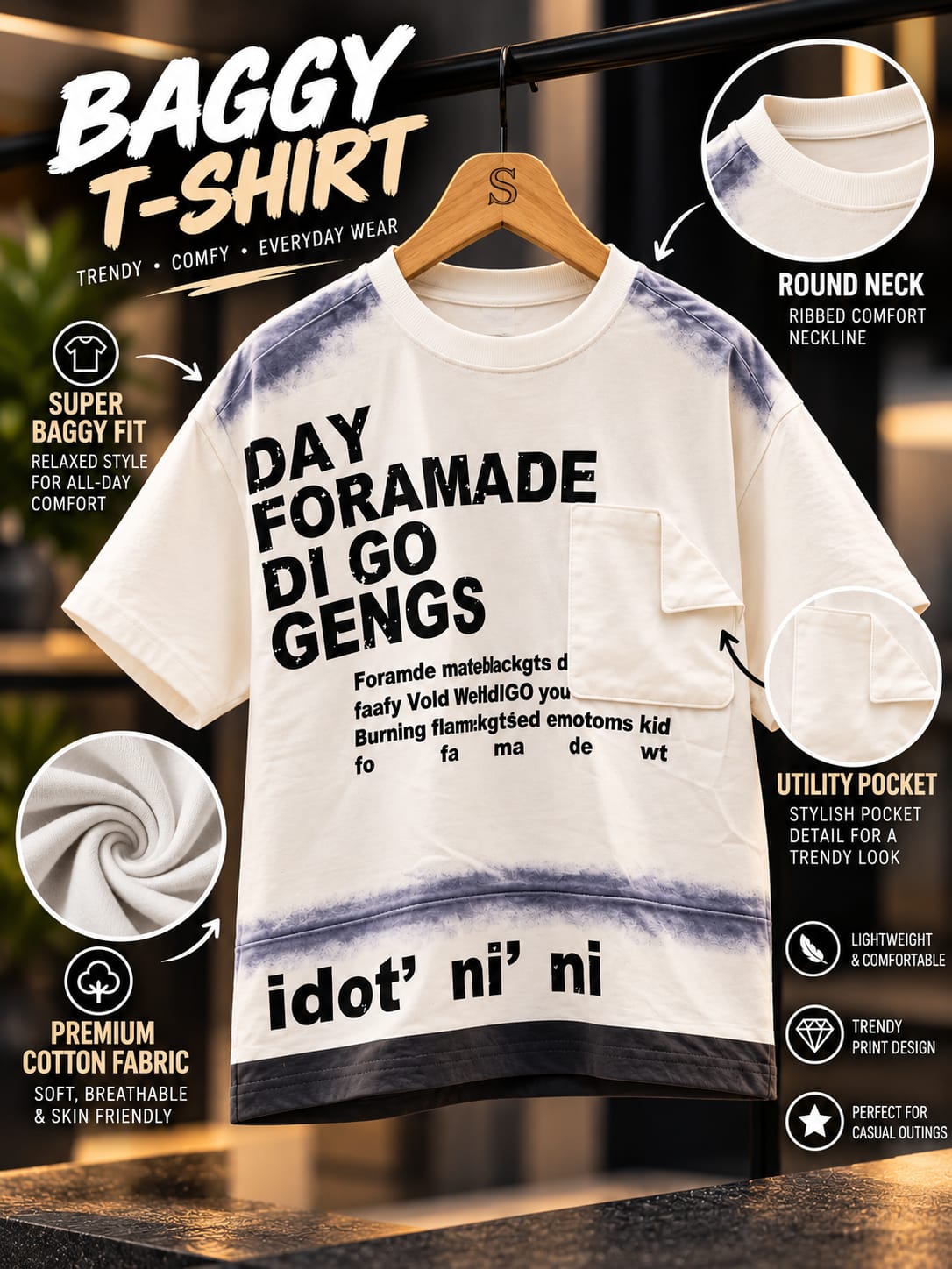 Boys White Oversized Graphic T-Shirt with Chest Pocket & Tie-Dye Effect | 5–10 Years