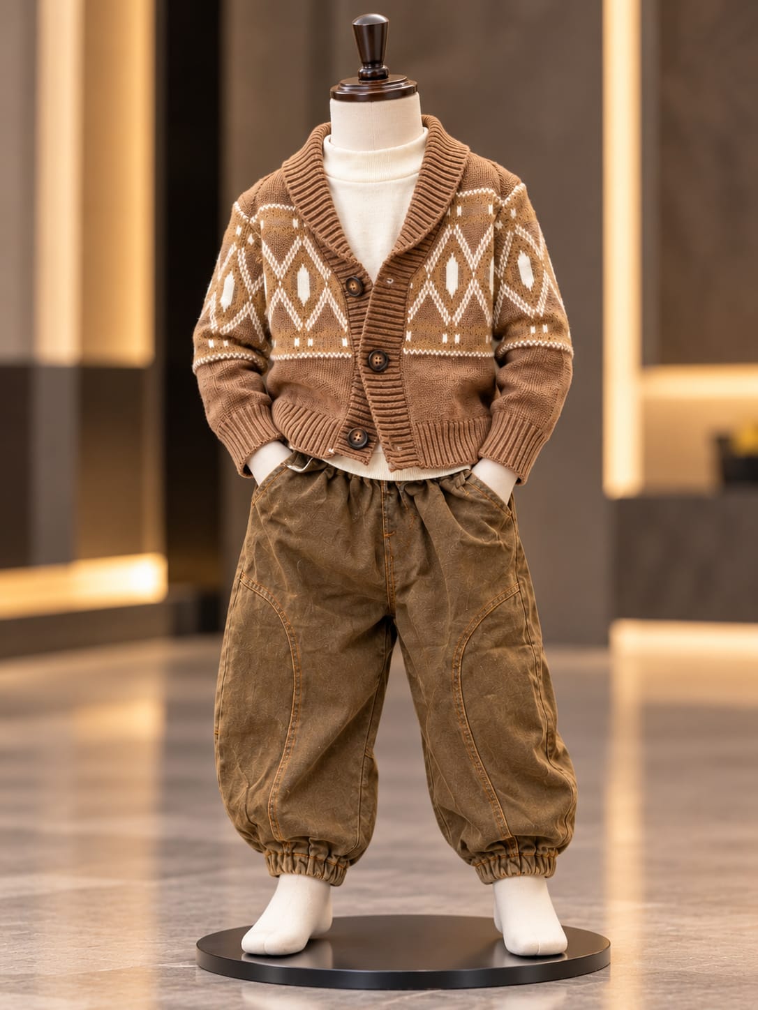 Boys Brown Geometric Pattern Knit Cardigan with Jogger Pants | Sizes 18–26