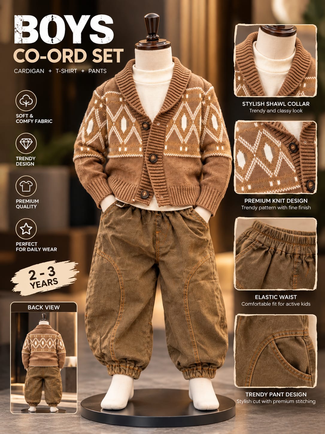 Boys Brown Geometric Pattern Knit Cardigan with Jogger Pants | Sizes 18–26