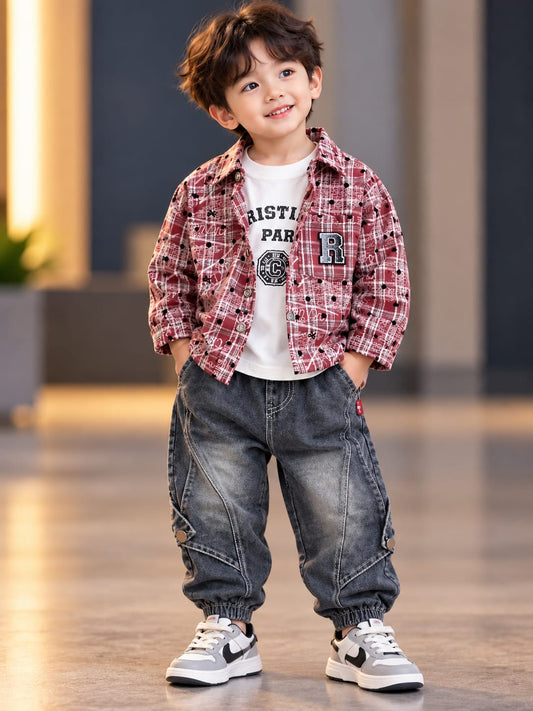 Boys Red Checkered Shirt Jacket with Graphic Tee & Grey Cargo Joggers | Sizes 18–26