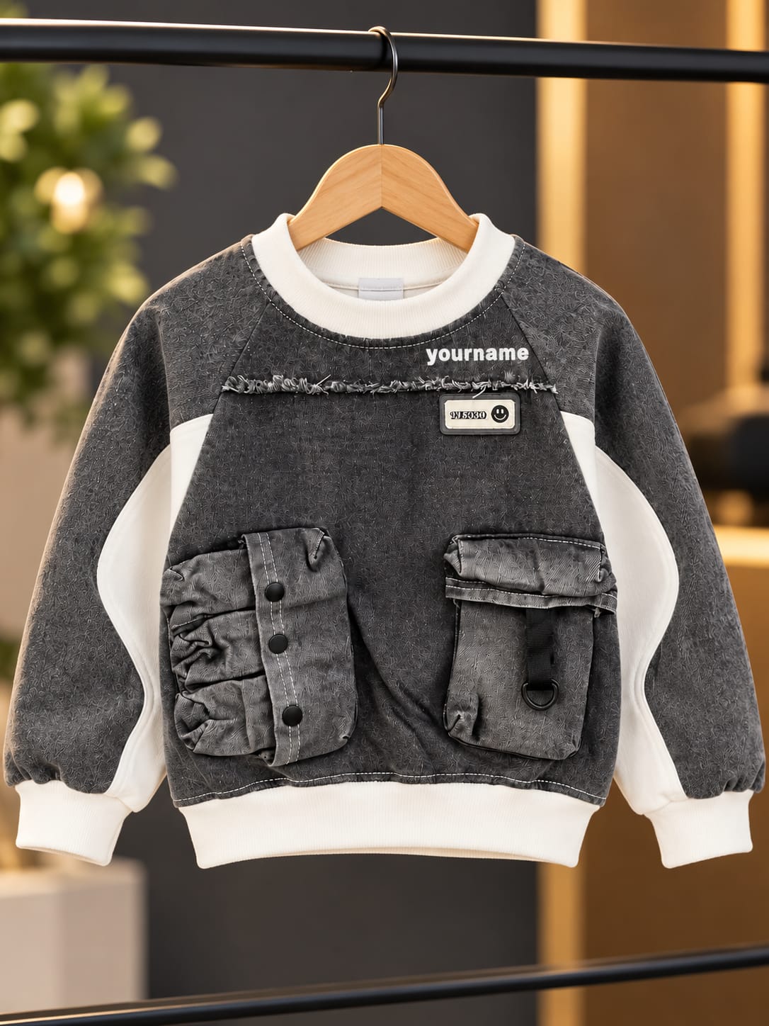 Boys Grey Denim-Style Sweatshirt with Utility Pockets | Sizes 18–26