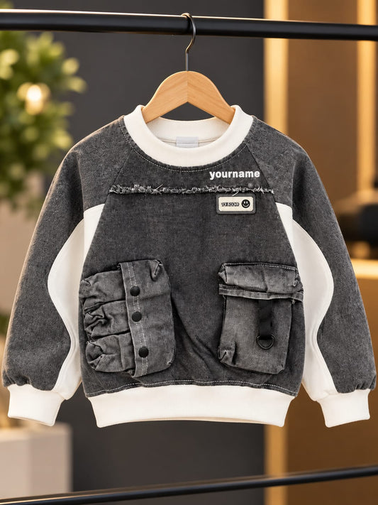 Boys Grey Denim-Style Sweatshirt with Utility Pockets | Sizes 18–26