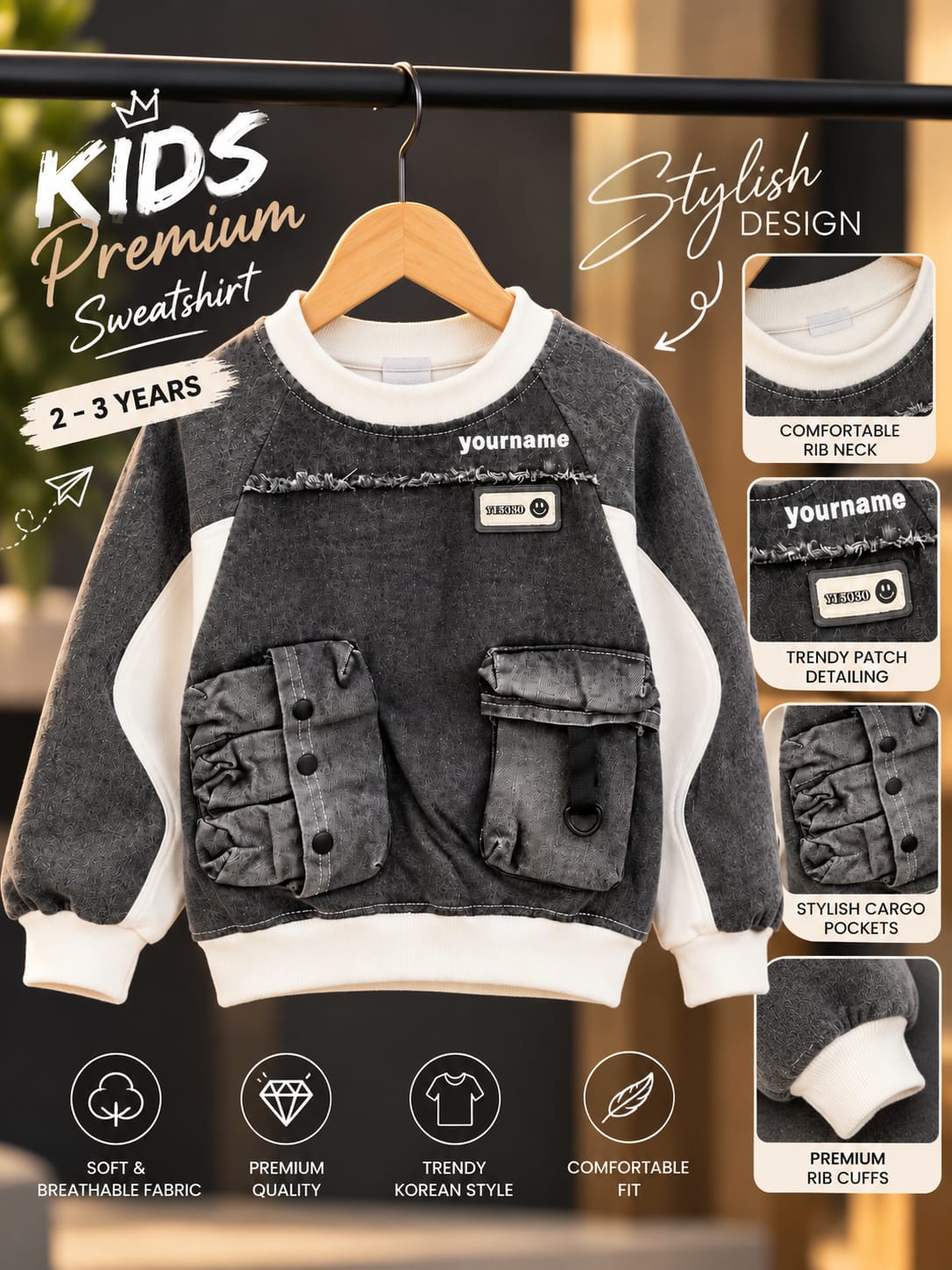 Boys Grey Denim-Style Sweatshirt with Utility Pockets | Sizes 18–26