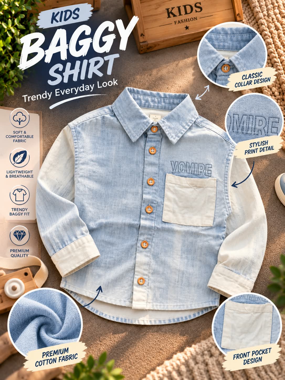 Boys Light Blue Denim-Style Shirt with Contrast Pocket | Sizes 1–5 Years