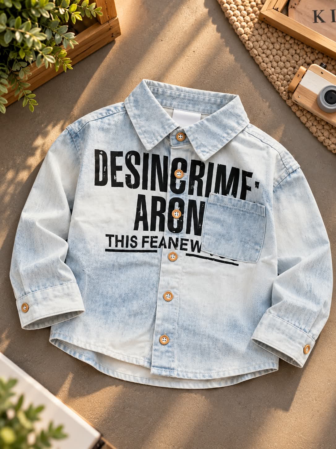 Boys Light Blue Denim Shirt with Graphic Print & Chest Pocket | Sizes 1–5 Years