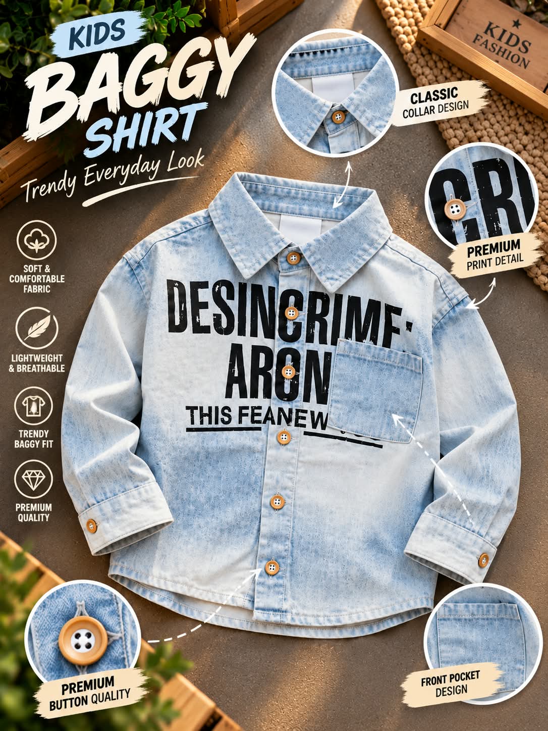 Boys Light Blue Denim Shirt with Graphic Print & Chest Pocket | Sizes 1–5 Years