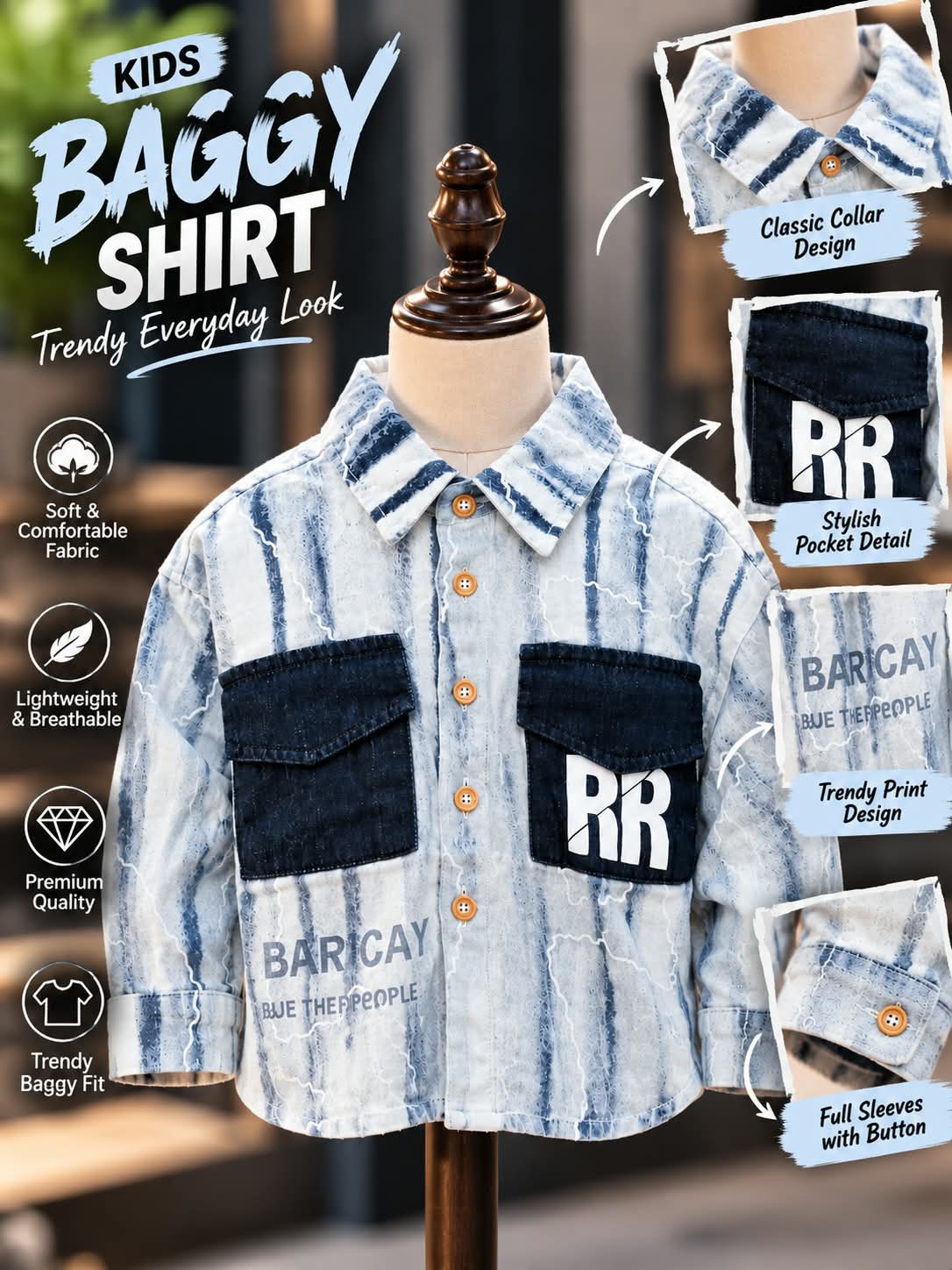 Boys Light Blue Washed Denim Shirt with Dark Contrast Pockets | Sizes 1–5 Years