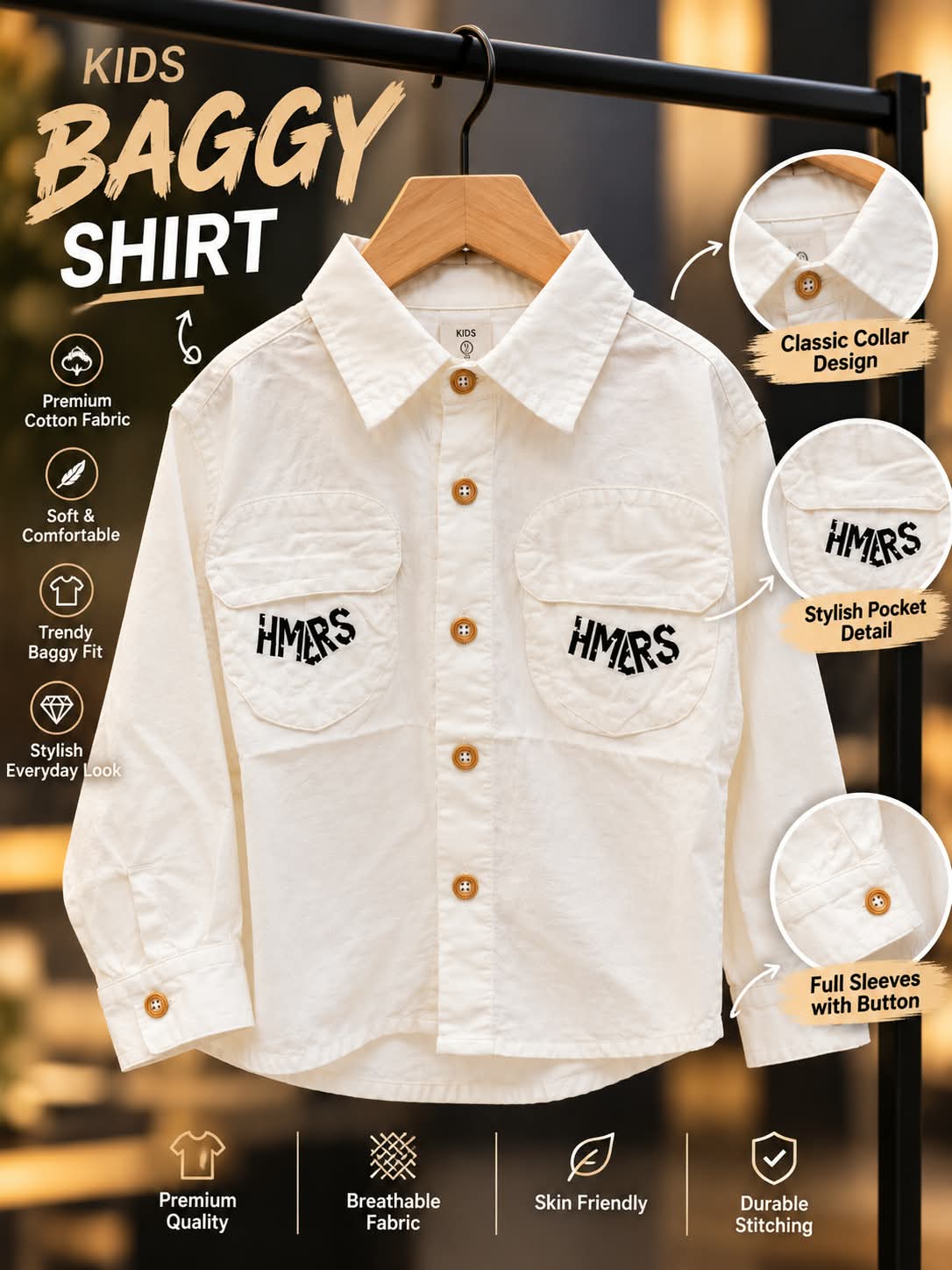 Boys Cream White Shirt with Double Flap Pockets & Lettering | Sizes 1–5 Years