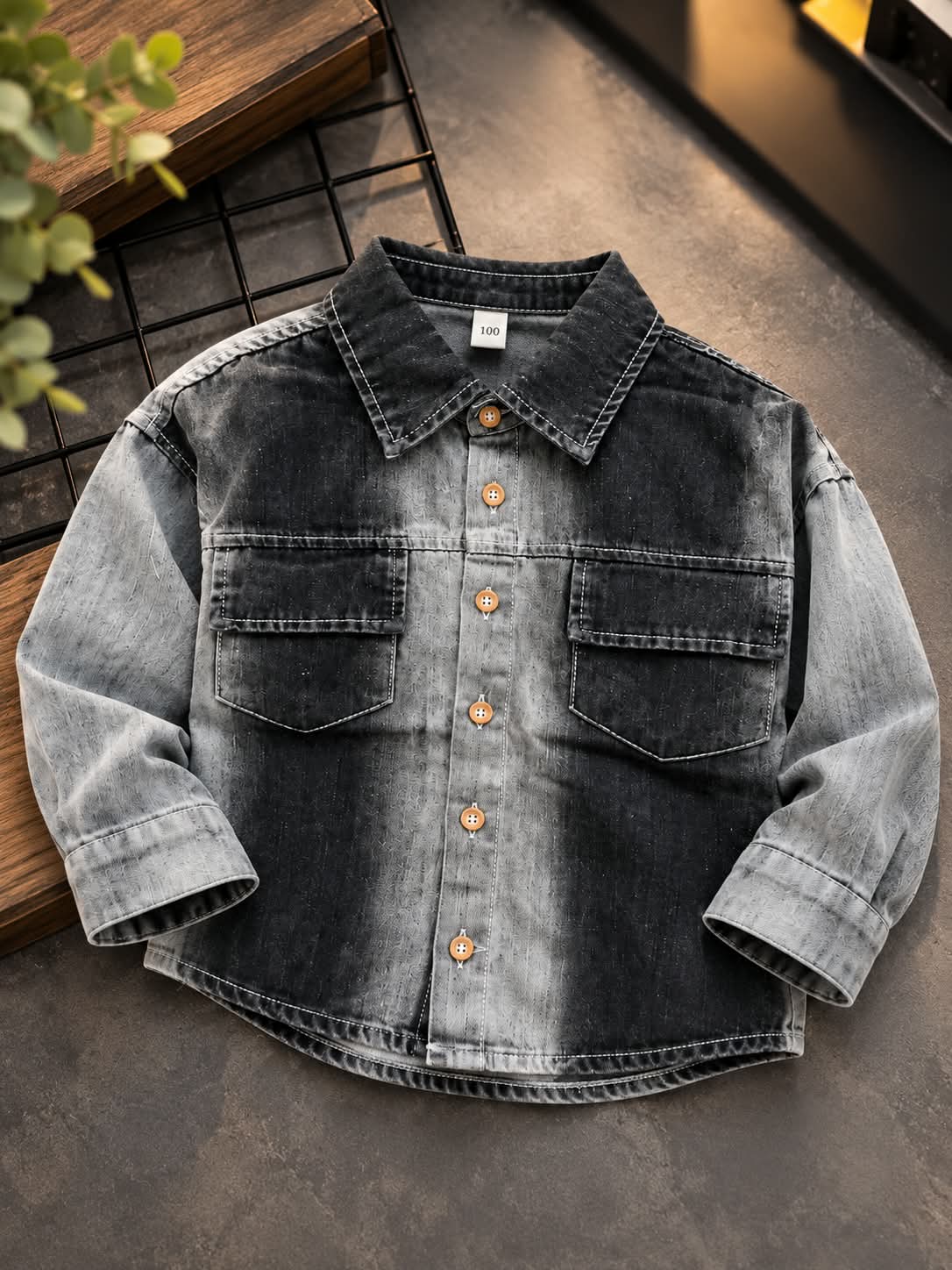 Boys Black Grey Washed Denim Shirt with Double Pockets | Sizes 1–5 Years