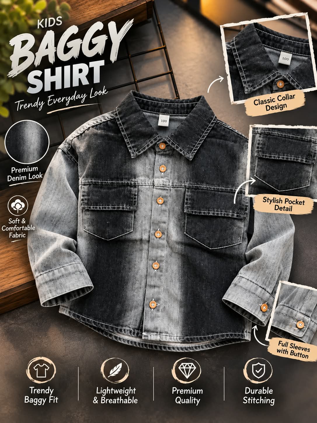 Boys Black Grey Washed Denim Shirt with Double Pockets | Sizes 1–5 Years