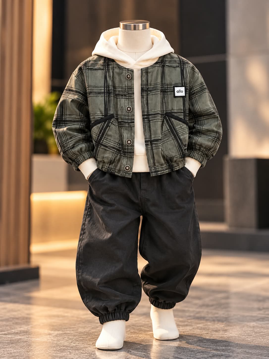 Boys Korean Style Black Check Jacket & Hoodie Set with Joggers | Sizes 18–26
