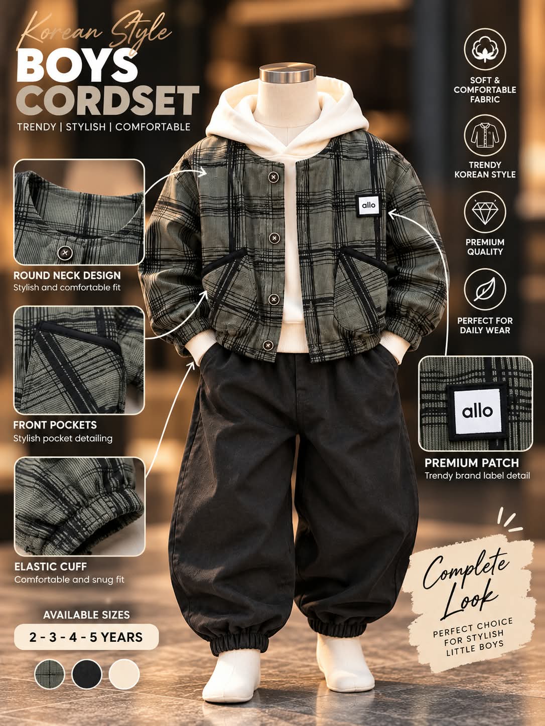 Boys Korean Style Black Check Jacket & Hoodie Set with Joggers | Sizes 18–26