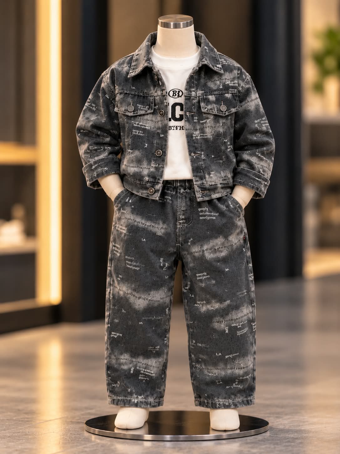 Boys Korean Style Black Printed Denim Jacket & Baggy Jeans Set | Sizes 18–26