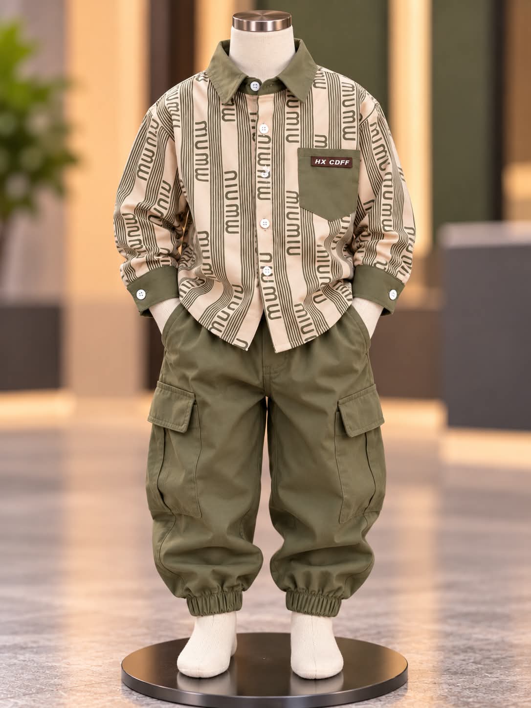 Boys 2-Piece Olive Green Cargo Set with Printed Shirt | Sizes 18–26