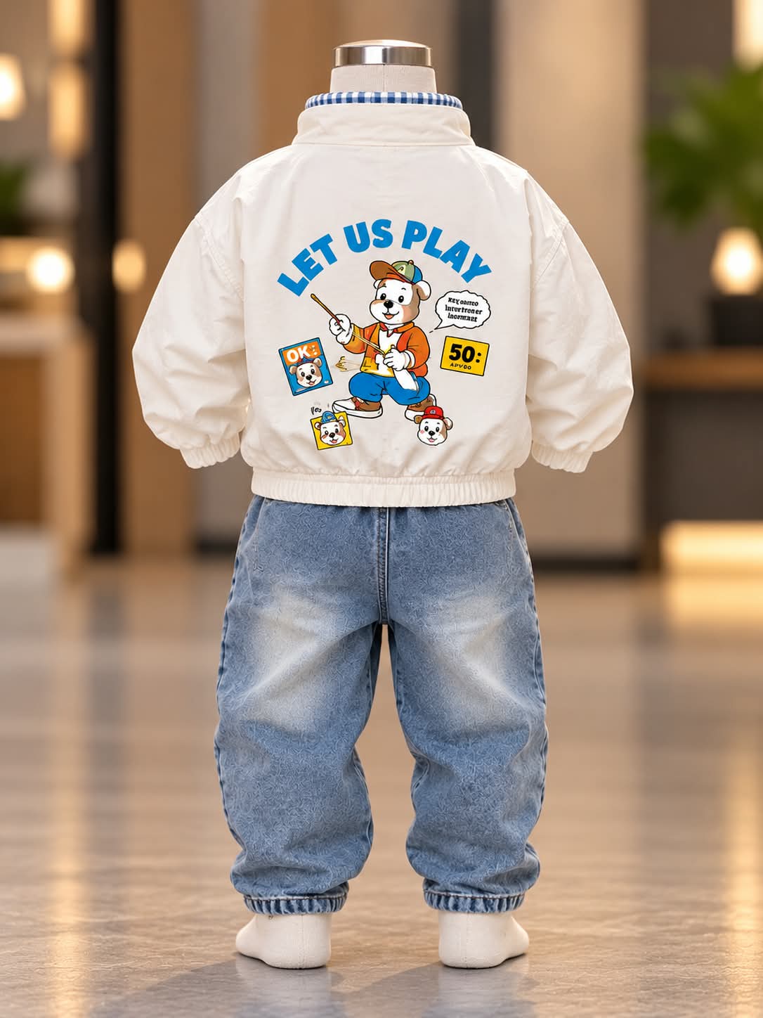 Boys 3-Piece White Cartoon Jacket, T-Shirt & Baggy Jeans Set | Sizes 18–26