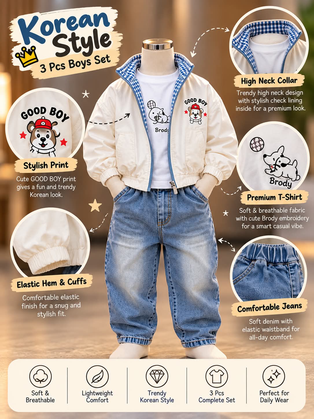 Boys 3-Piece White Cartoon Jacket, T-Shirt & Baggy Jeans Set | Sizes 18–26